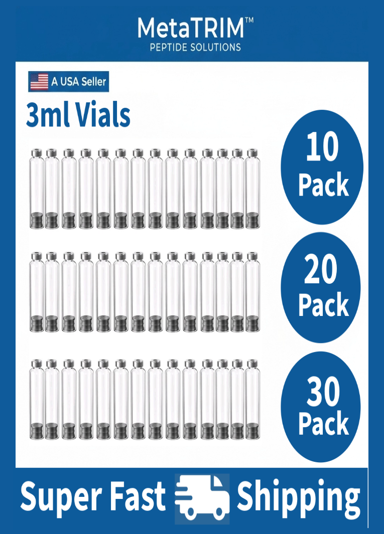 MetaTRIM peptide vials packaging with 10, 20, and 30 pack options on a blue background