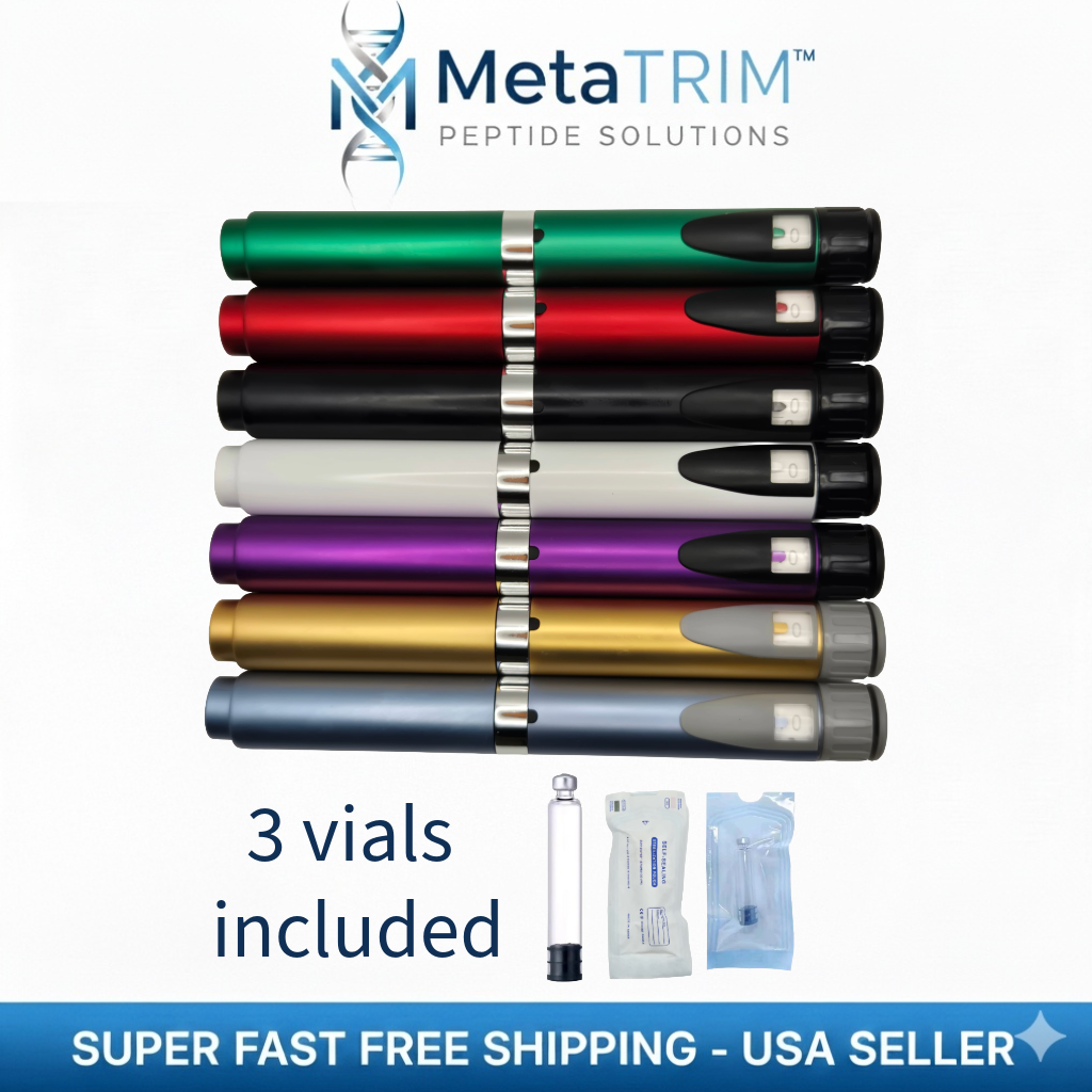 Stack of colorful pens with MetaTrim branding and text about included vials and free shipping.